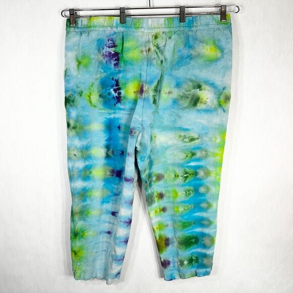HM XL Pants Dreaming Blue Tie‎ Dye Handmade Blue Green Linen Cropped Pockets 689 - Picture 2 of 9